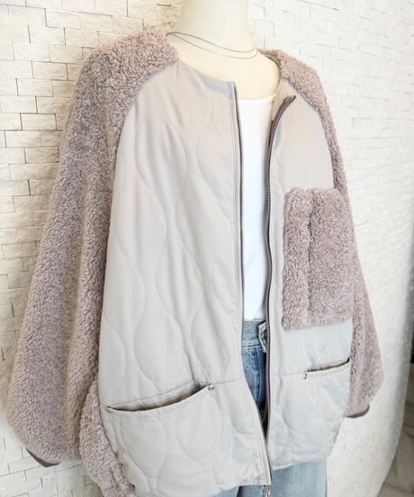 ボア×中綿キルト ノーカラーブルゾン