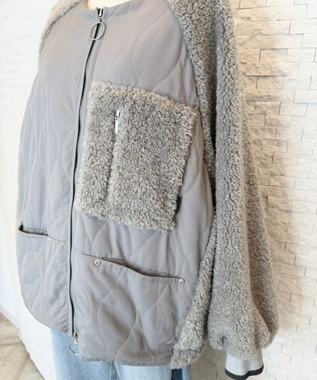 ボア×中綿キルト ノーカラーブルゾン