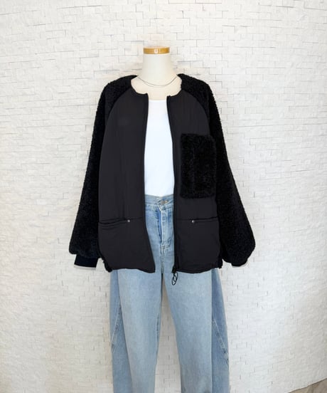 ボア×中綿キルト ノーカラーブルゾン