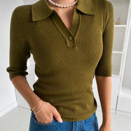 《予約販売》Open Collar Half Sleeve Knit