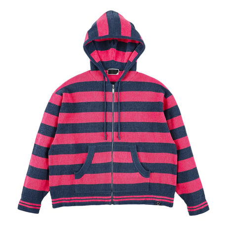 PHINGERIN CORDY KNIT ZIP HOODIE STRIPE PINK × NAVY