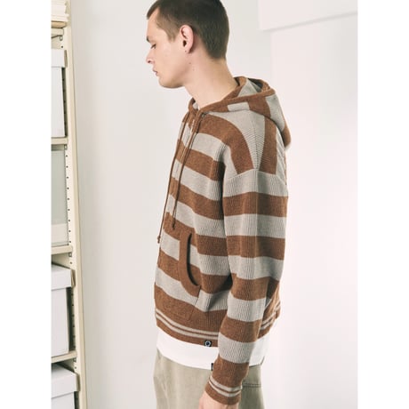 PHINGERIN CORDY KNIT ZIP HOODIE STRIPE WHITE × CHARCOAL