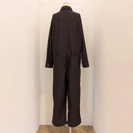 【UNIVERSAL TISSU】ツィードライクニット シャツカラーオールインワン　ブラウンヘリンボン