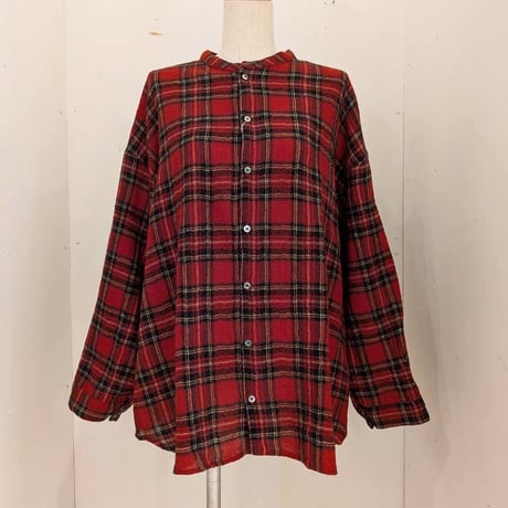 【UNIVERSAL TISSU】ウールガーゼ リトルバンドカラーシャツ　アカチェック