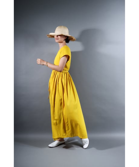 2.Lilith cap sleeve dress / b / Organic cotton satin / Bright yellow / with stains:special price
