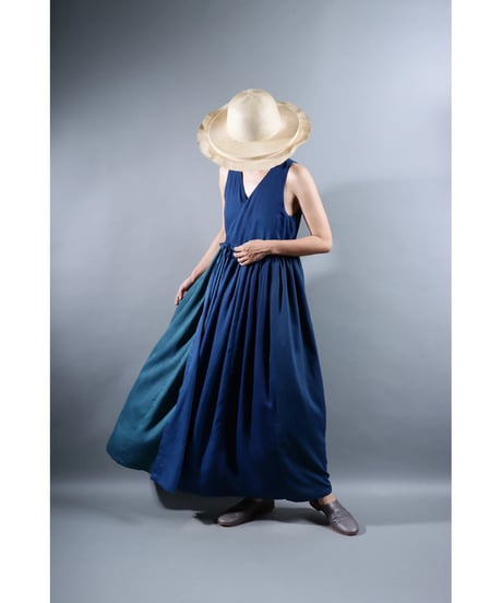1.Lilith sleeveless dress / Organic cotton satin /Blue-Green gradation