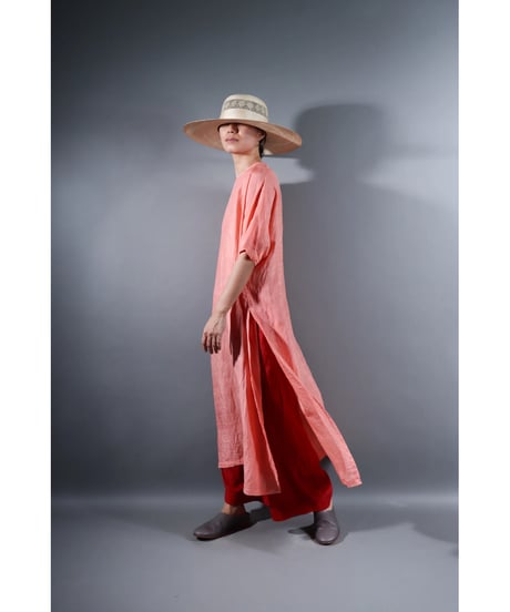 5.Slit dress / half sleeve / Silk khadi / Sunset pink