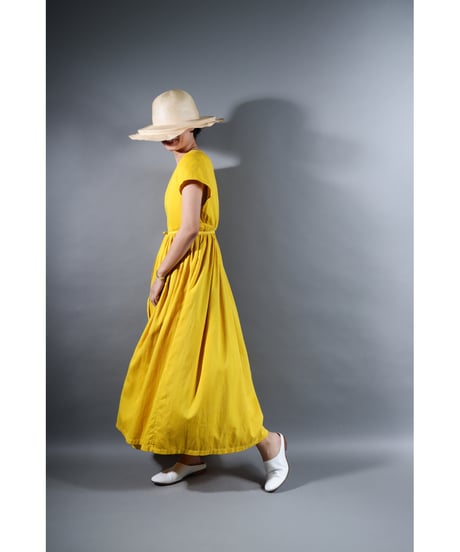 2.Lilith cap sleeve dress / b / Organic cotton satin / Bright yellow / with stains:special price