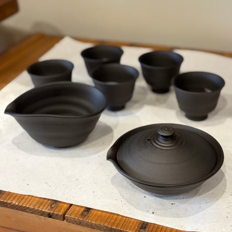 村越風月 Fugetsu Murakoshi 黒窯変茶器(絞り出し) 木箱付　ST1212