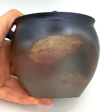 水野陽景 Yokei Mizuno  火窯変 白木ノ葉紋 茶注(柿型 大) 　ST1283