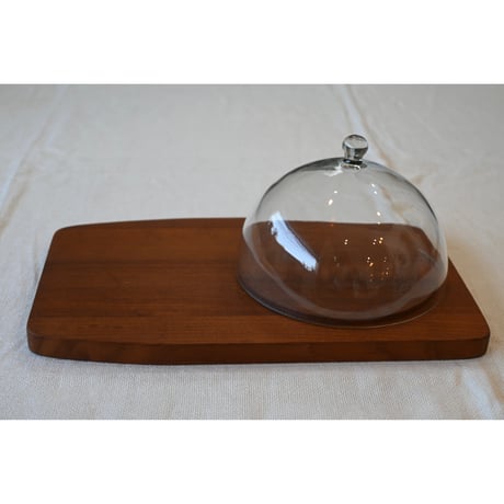 Backman vintage teak cutting tray with glass dome