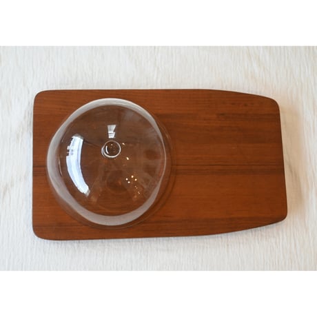 Backman vintage teak cutting tray with glass dome