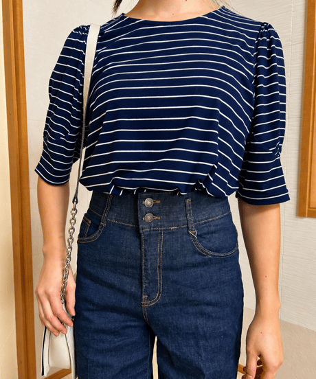デザインスリーブボーダートップス・全2色(￥6,490)