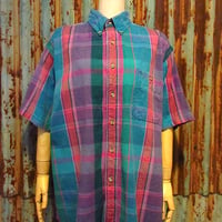 ビンテージ90’s●WORLD ISLANDマドラスチェックボタンダウン半袖シャツsize L●260828d4-m-sssh-drsワールドアイランド古着インド綿1990s