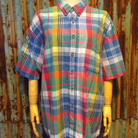 ビンテージ80's●VAN HEUSENチェック半袖ボタンダウンシャツsize L●260801j5-m-sssh-drs古着1980sインド綿