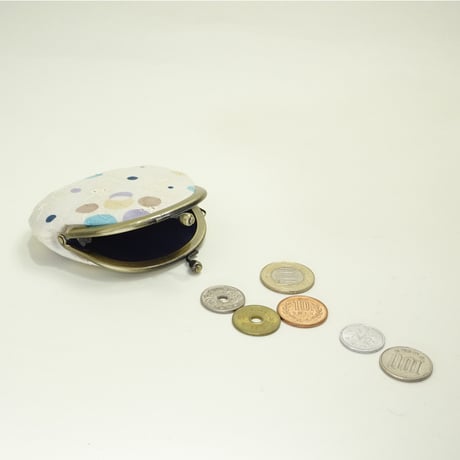 2.6寸丸小銭入れ　刺繍と水玉　ブルー色　※口金：AG色 こけし玉