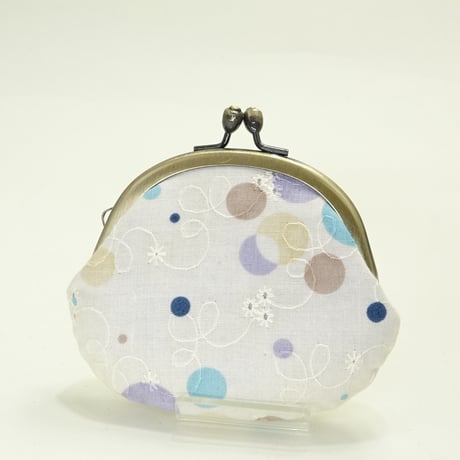 2.6寸丸小銭入れ　刺繍と水玉　ブルー色　※口金：AG色 こけし玉