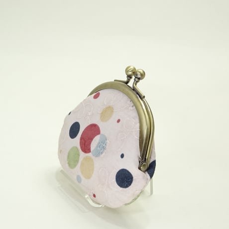 2.6寸丸小銭入れ　刺繍と水玉　ピンク色　※口金：AG色 丸玉