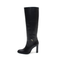 細ラウンドゴールドエッジトリムストレートロングブーツ/Slim round-toe straight tall boots with gold edge trim(BLACK）