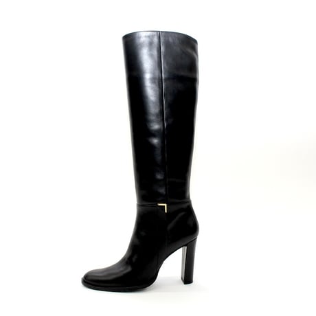細ラウンドゴールドエッジトリムストレートロングブーツ/Slim round-toe straight tall boots with gold edge trim(BLACK）