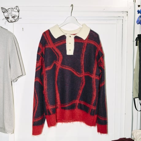 【YUTASETOGAWA】FULLING KID MOHAIR KNIT POLO | RED/NAVY