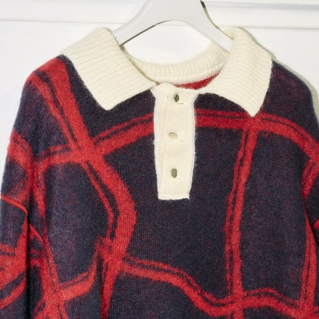 【YUTASETOGAWA】FULLING KID MOHAIR KNIT POLO | RED/NAVY