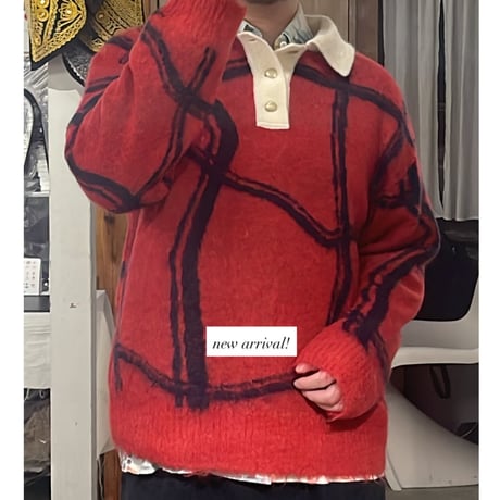 【YUTASETOGAWA】FULLING KID MOHAIR KNIT POLO | RED/NAVY
