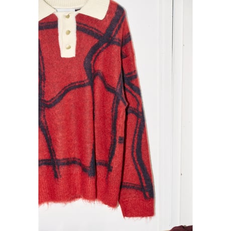 【YUTASETOGAWA】FULLING KID MOHAIR KNIT POLO | RED/NAVY