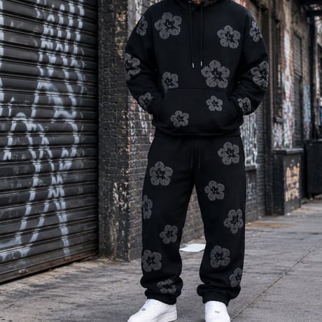 米国ブランド FWRD Denim NY 花柄 プルオーバー スウェット セットアップ Flower Sweatsuit 黒 グレー (SET52)