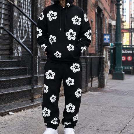 米国ブランド FWRD Denim NY 花柄 プルオーバー スウェット セットアップ Flower Sweatsuit 黒 (SET51)