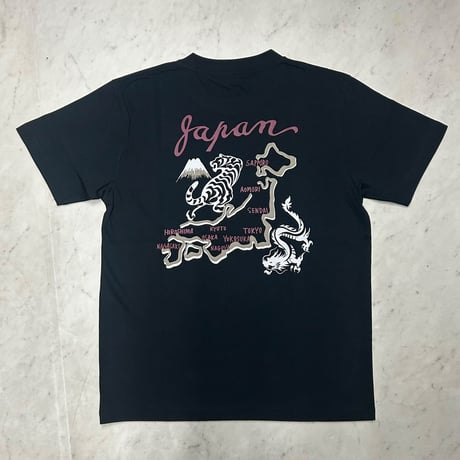 「纏え、スカジャン魂」 スカT 和柄Tシャツ 龍虎 Tiger Dragon 日本地図 Japan Map 黒 (JPT41)