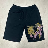 和柄 Japanese Art Print 龍 Dragon 桜 グラフィックプリント 薄手 ショートパンツ 黒 (SJNS132)
