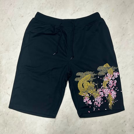 和柄 Japanese Art Print 龍 Dragon 桜 グラフィックプリント 薄手 ショートパンツ 黒 (SJNS132)