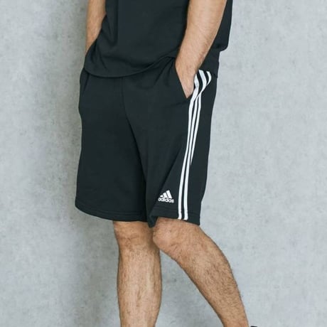 米国仕様 Adidas アディダス エッセンシャル 3ストライプ スウェット ショートパンツ 黒 GYM Shorts