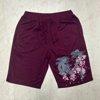 和柄 Japanese Art Print 龍 Dragon 桜 グラフィックプリント 薄手 ショートパンツ バーガンディ (SJNS134)