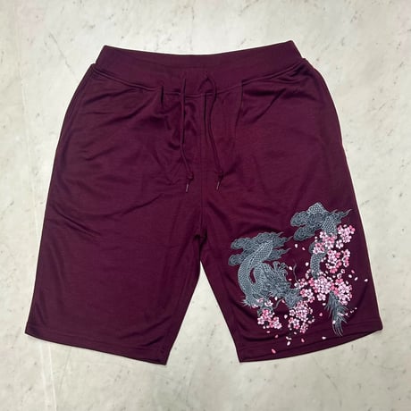 和柄 Japanese Art Print 龍 Dragon 桜 グラフィックプリント 薄手 ショートパンツ バーガンディ (SJNS134)