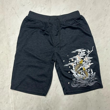 和柄 Japanese Art Print 鯉 Koi Fish グラフィックプリント 薄手 ショートパンツ グレー (SJNS136)