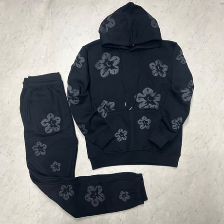 米国ブランド FWRD Denim NY 花柄 プルオーバー スウェット セットアップ Flower Sweatsuit 黒 グレー (SET52)