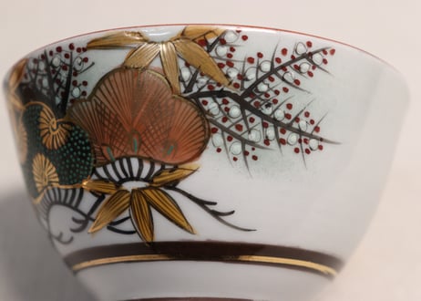 明治後期~大正九谷焼色絵松竹梅図蓋茶碗