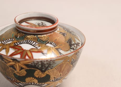 明治後期~大正九谷焼色絵松竹梅図蓋茶碗