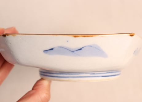 明治前期色絵山水図菱形皿①釉剥げ