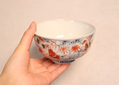 明治前期色絵竹林賢人図蒸茶碗　色擦れ