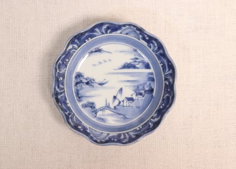 江戸後期染付山水図輪花鍔縁小皿②ムシクイ