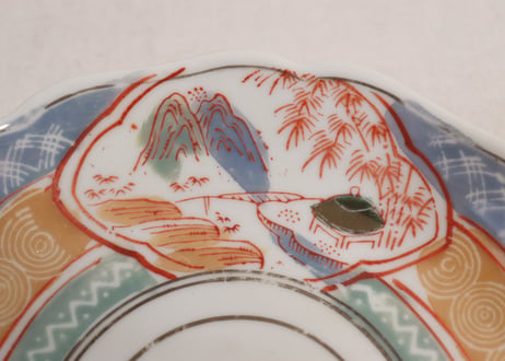 昭和戦前ゴム判色絵三方山水図7寸皿