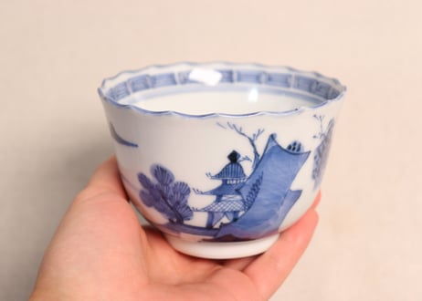江戸幕末染付山水図ギザ縁向付
