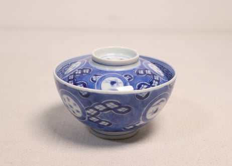 江戸幕末染付丸窓と七宝散らし図蓋茶碗