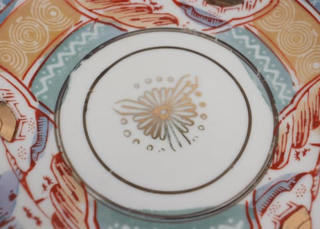 昭和戦前ゴム判色絵三方山水図7寸皿