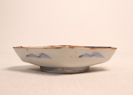 明治前期色絵山水図菱形皿①釉剥げ