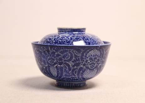 明治前期紙刷牡丹図蓋茶碗