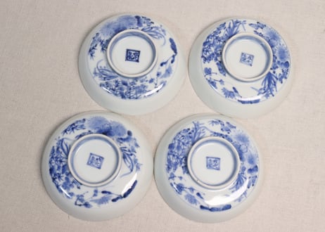 江戸幕末染付四君子図蓋茶碗